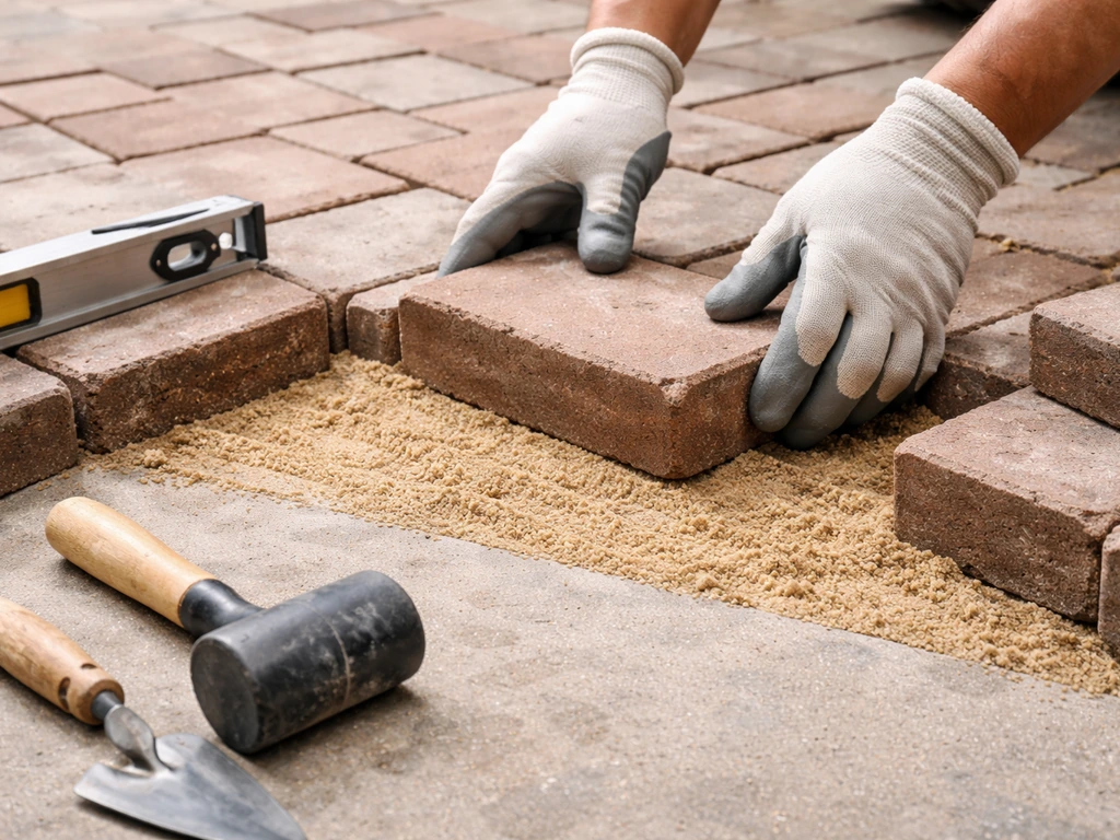 Gloved hands set brick pavers into a sand leveling bed over a concrete patio with simple DIY tools nearby.