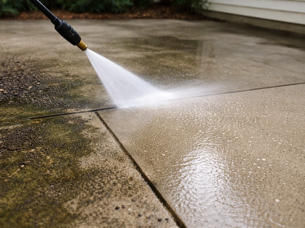 Pressure washer spraying a concrete patio, with visible dirt and moss residue before drying.