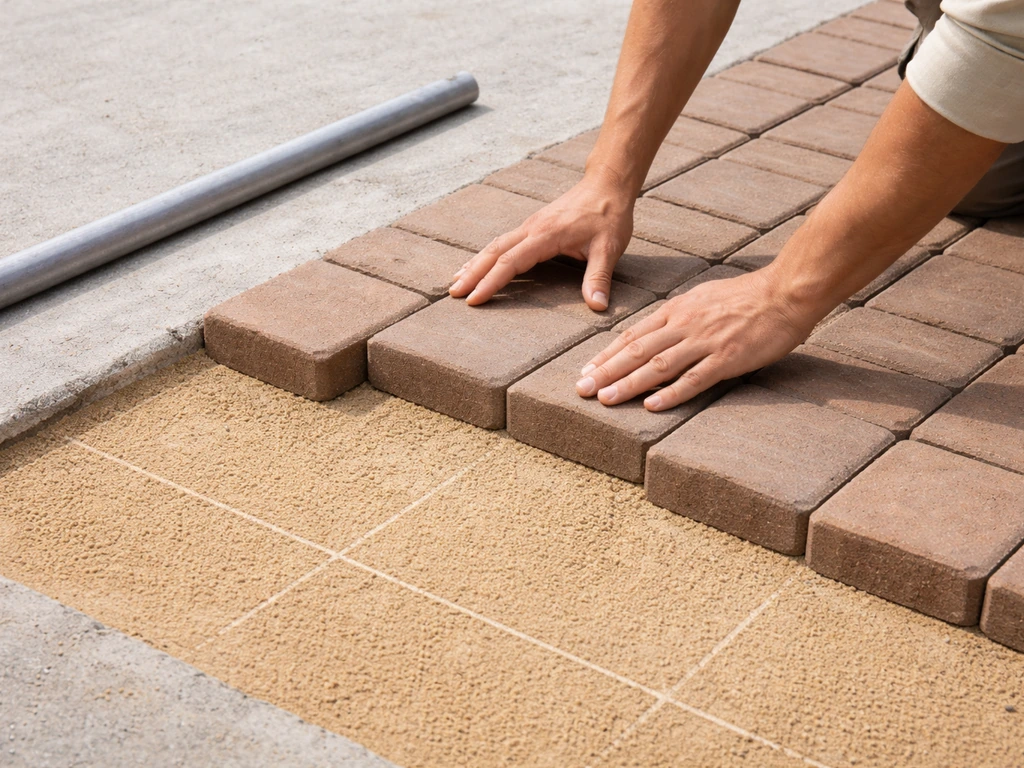 Hands laying sand-set brick pavers on a concrete patio with faint chalk layout lines visible.