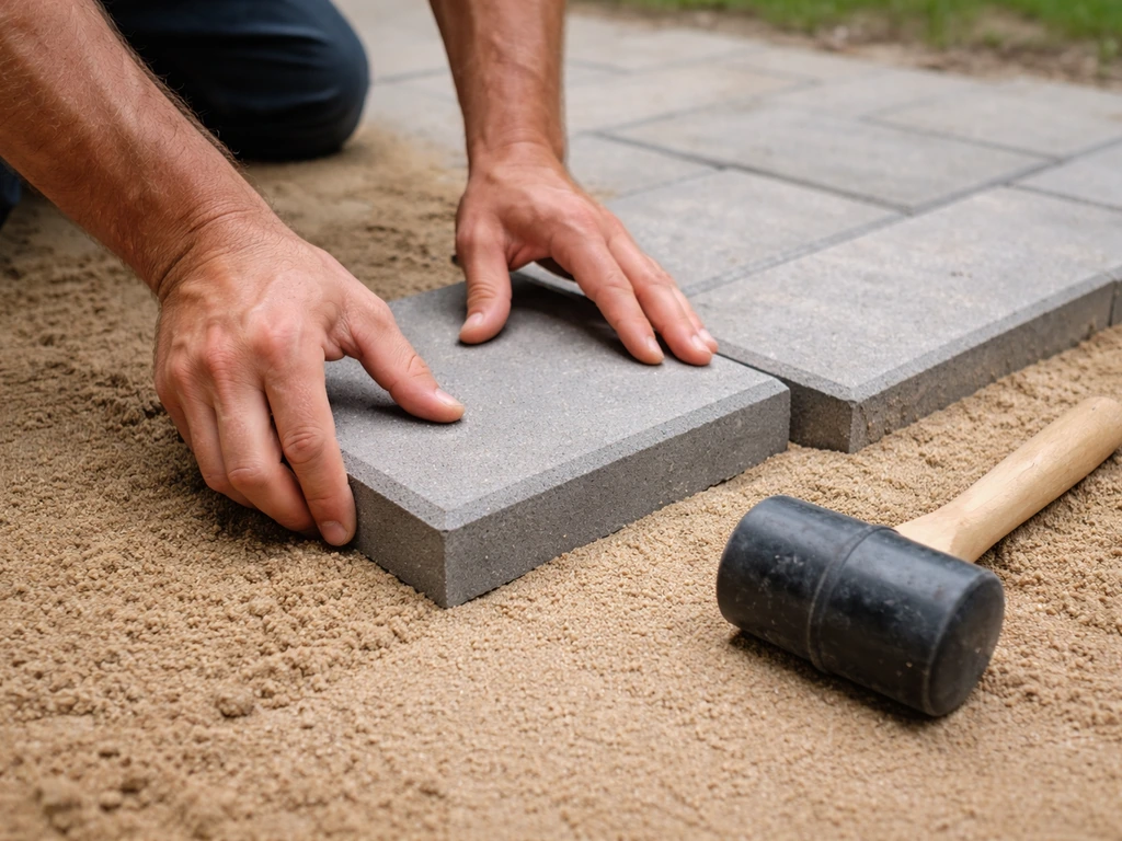 Hands placing and tapping a concrete paver into a sand bed with a rubber mallet near the edge