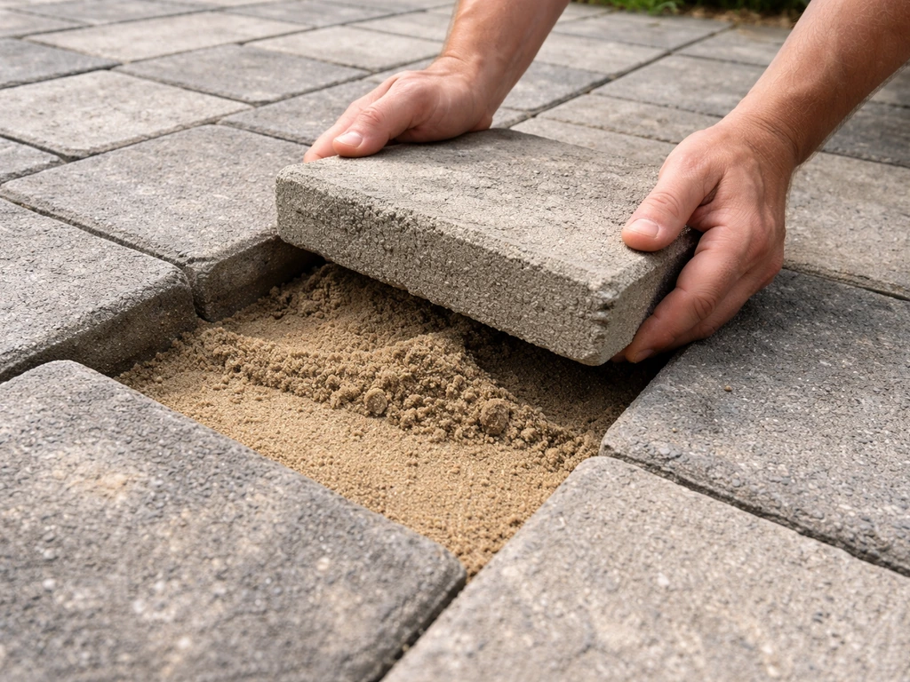 Hand pulls up a patio paver, showing uneven bedding sand being leveled before re-setting.