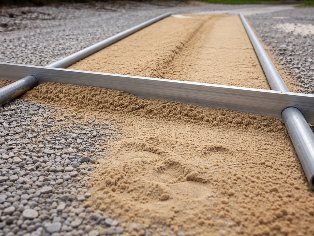 Close-up of 1-inch conduit pipes on compacted gravel as sand is screeded flat between them.