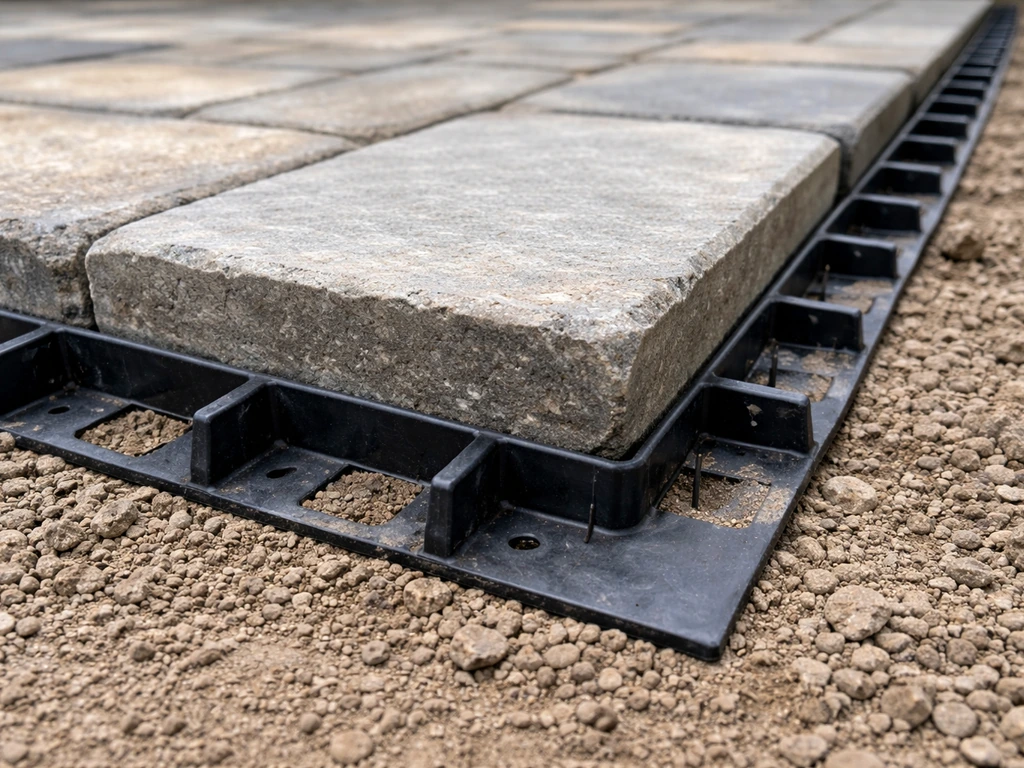 Close-up of plastic paver edging fitted tightly around the perimeter of cut and full pavers.
