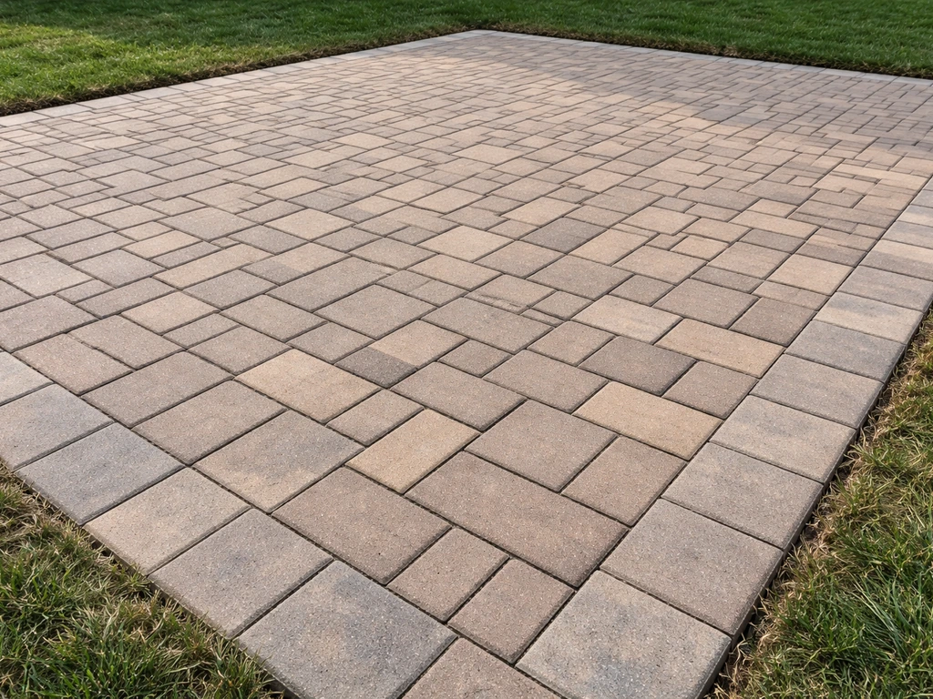 Finished brick paver patio with crisp edging and fine sand-filled joints in a clear repeating pattern.