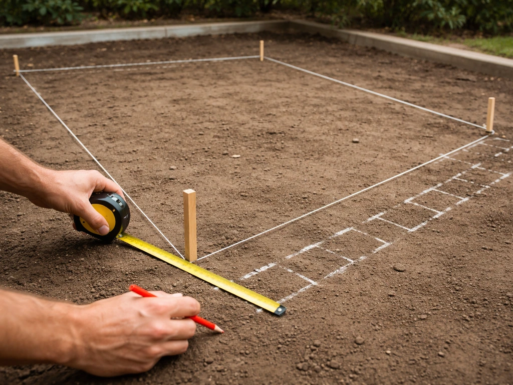 Hands measuring a rectangle patio with tape, stakes, and spray paint lines showing a running-bond layout