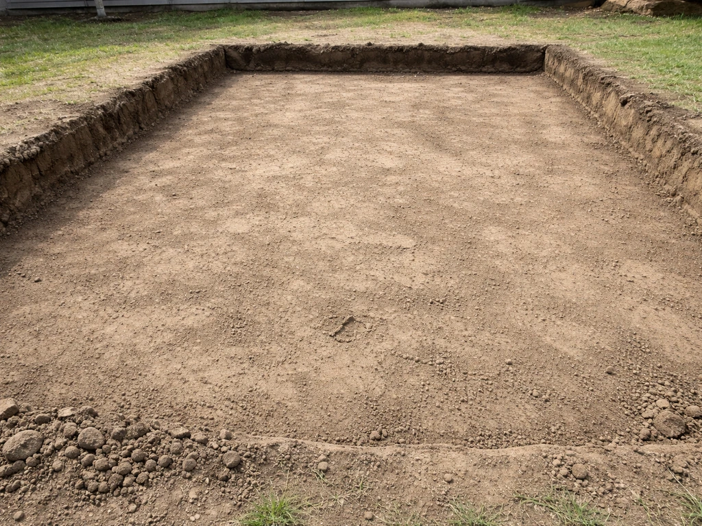 Bare excavated patio subgrade with clean edges and compacted soil, depth clearly visible.