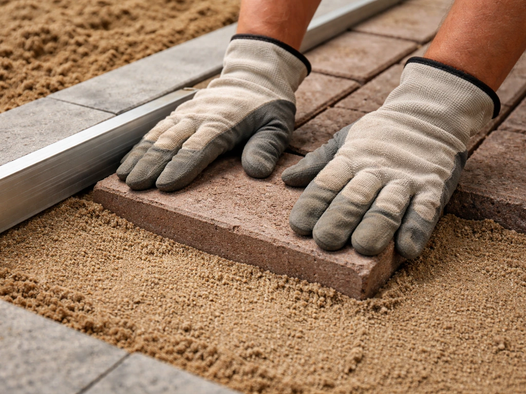 Hands pressing a brick paver into bedding sand along a straight edge, with a straightedge checking alignment.