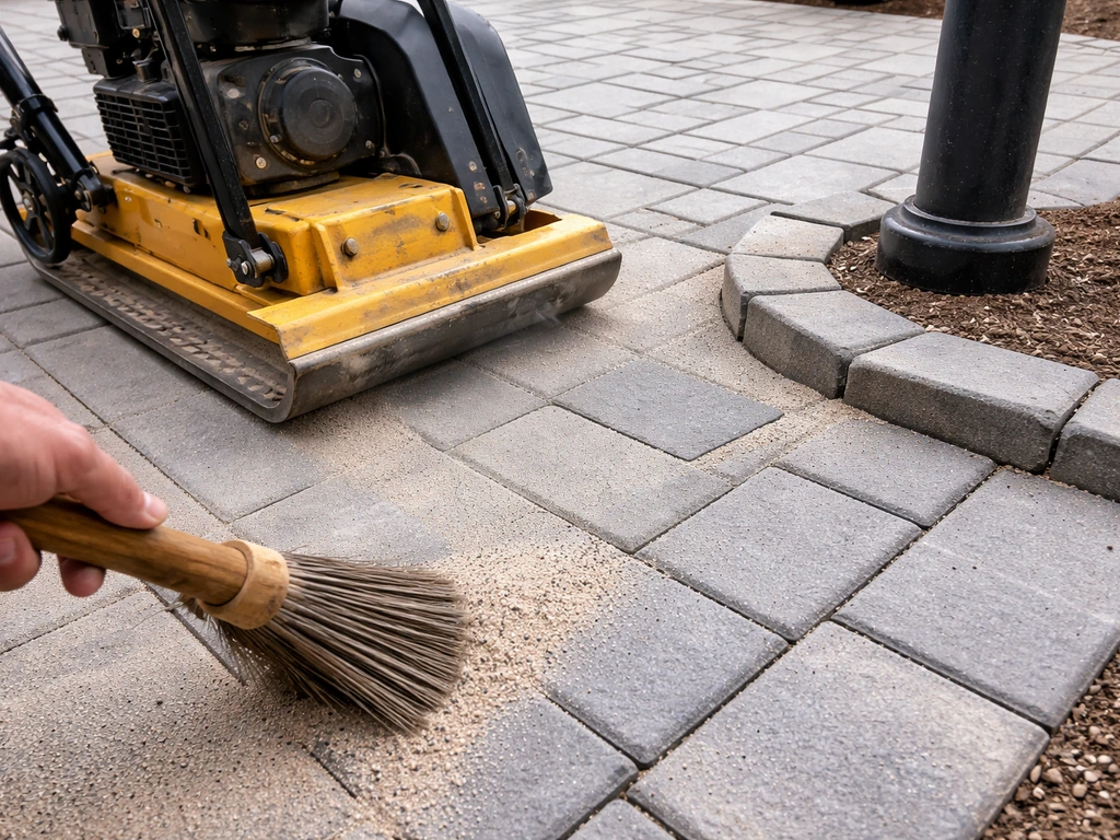 Plate compactor compacts pavers while polymeric joint sand is swept into the seams near an obstacle edge.