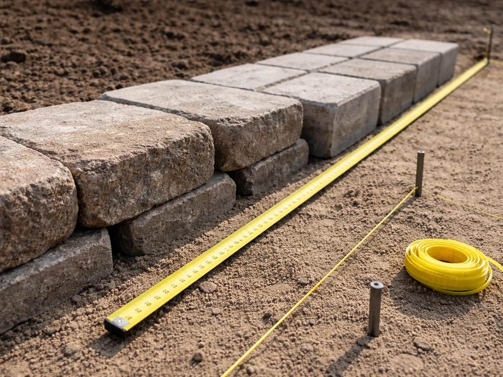 Close-up of segmental wall blocks and concrete pavers laid on patio base with tape measure, stakes, and layout line