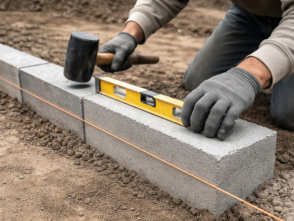 Hands place first concrete block course against a taut line, tapping with a rubber mallet and checking level.