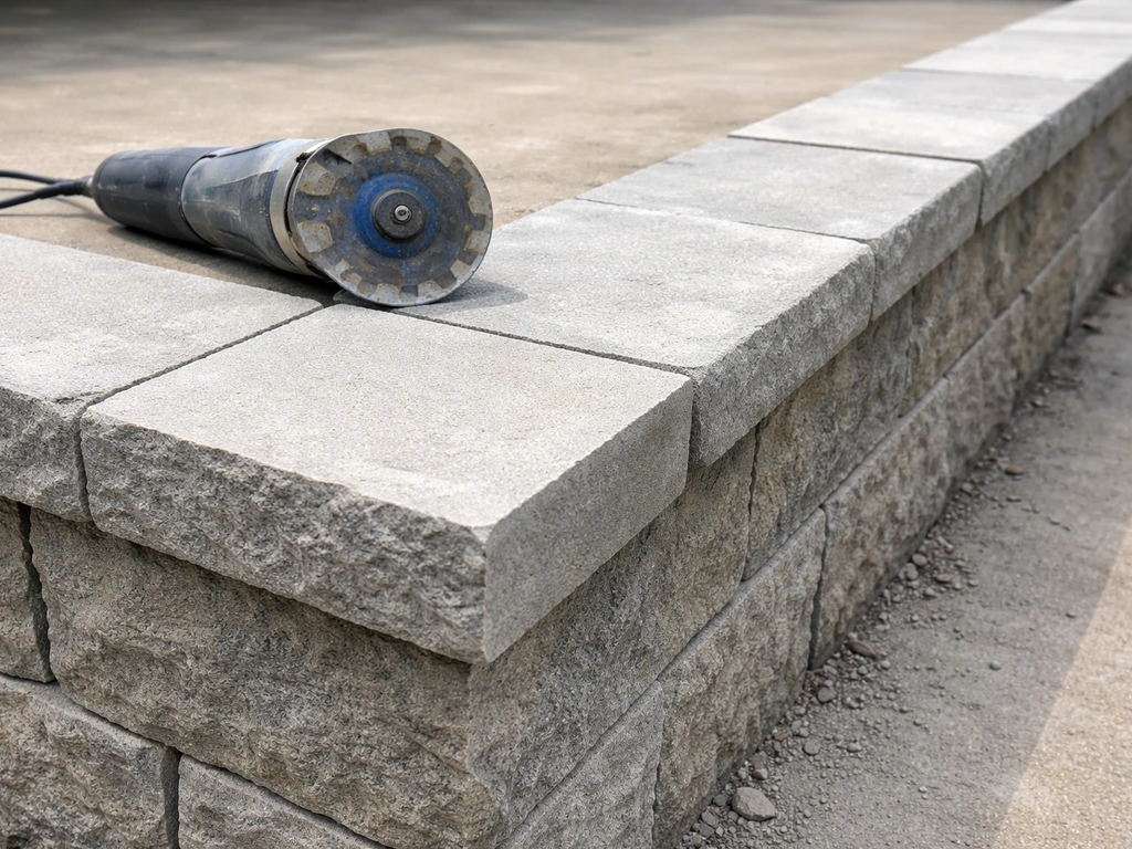 Angle grinder and freshly cut corner concrete coping stones installed on a retaining wall top.