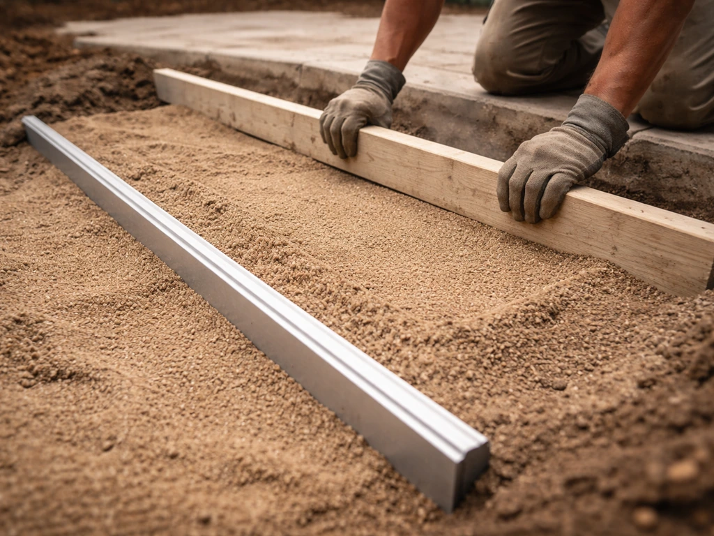 Worker screeds coarse bedding sand to a consistent depth using screed rails and a straight 2x4.