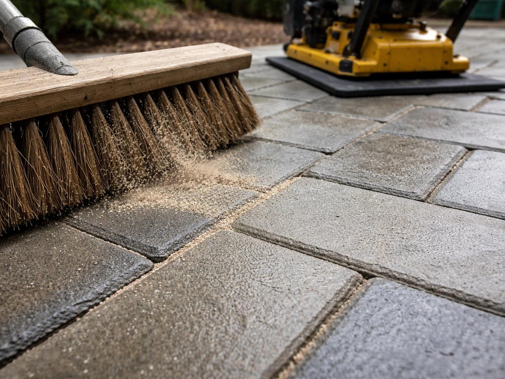 Polymeric sand being brushed into paver joints and a plate compactor on a protective pad nearby.