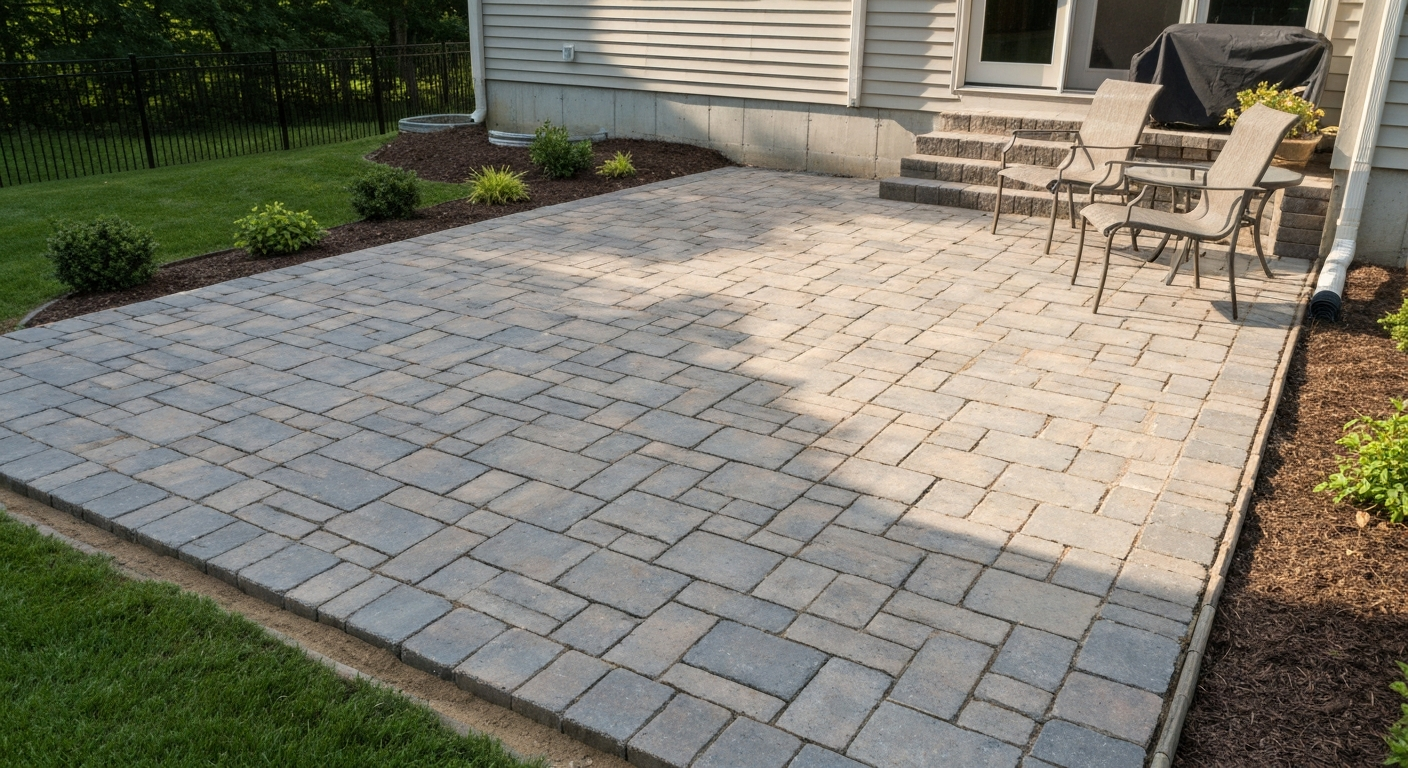 Finished 16x16 concrete paver patio in running-bond pattern next to a house, with neat joints, edge restraint, and outdoor furniture.