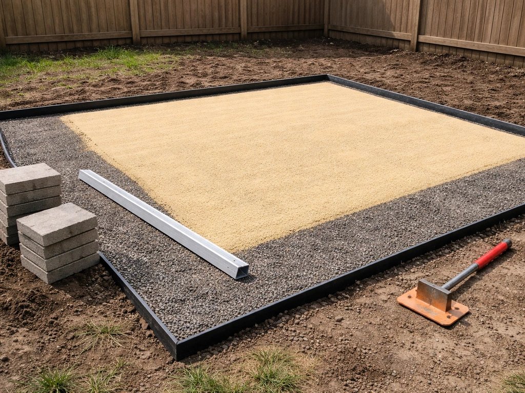 Level, compacted paver patio base with installed edging and staged pavers ready for installation.