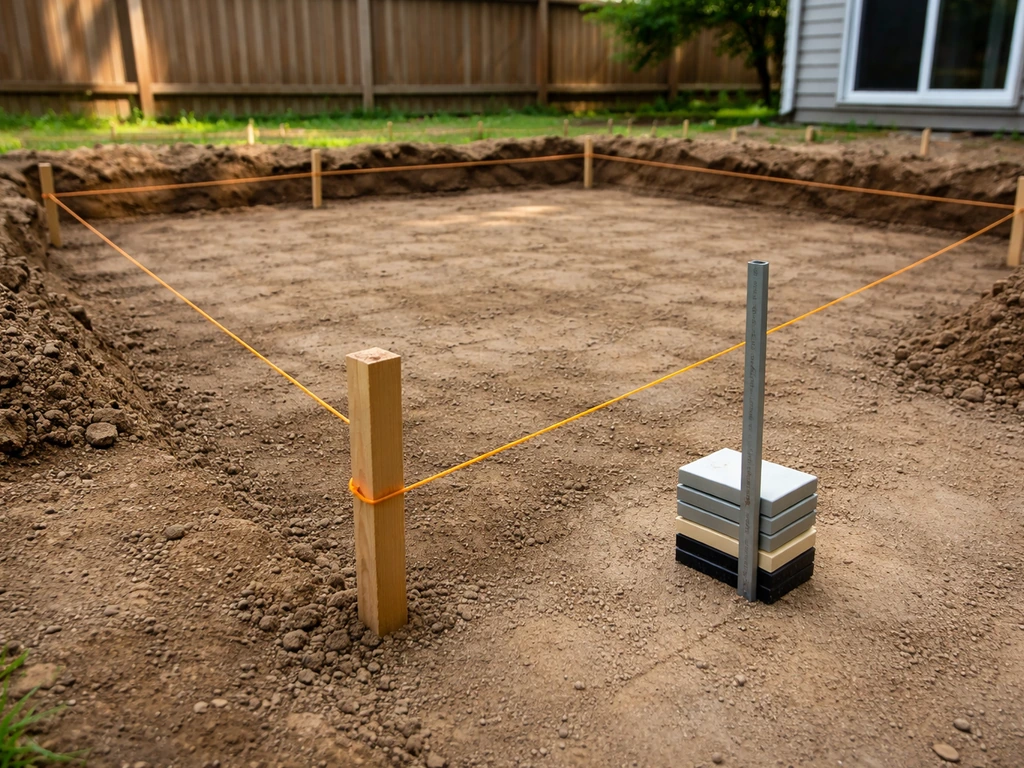 Marked-out patio footprint with stakes and string lines showing a drainage slope and base-depth reference.