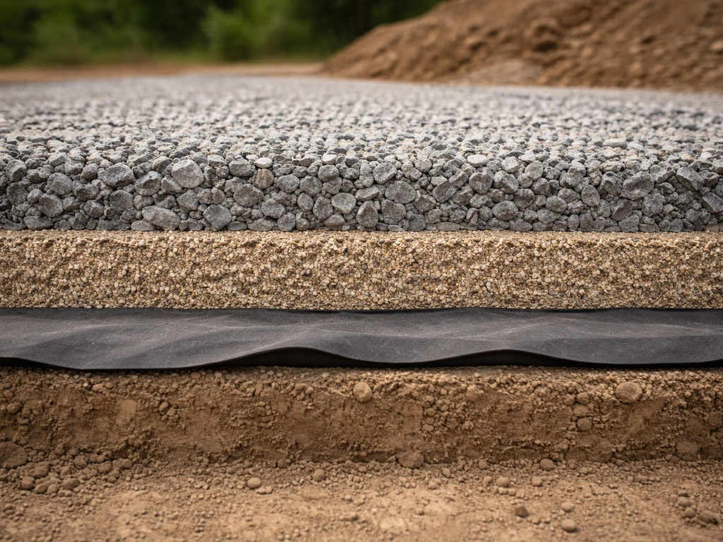 Minimal cross-section setup showing geotextile fabric over subgrade with stacked crushed-stone gravel layers.