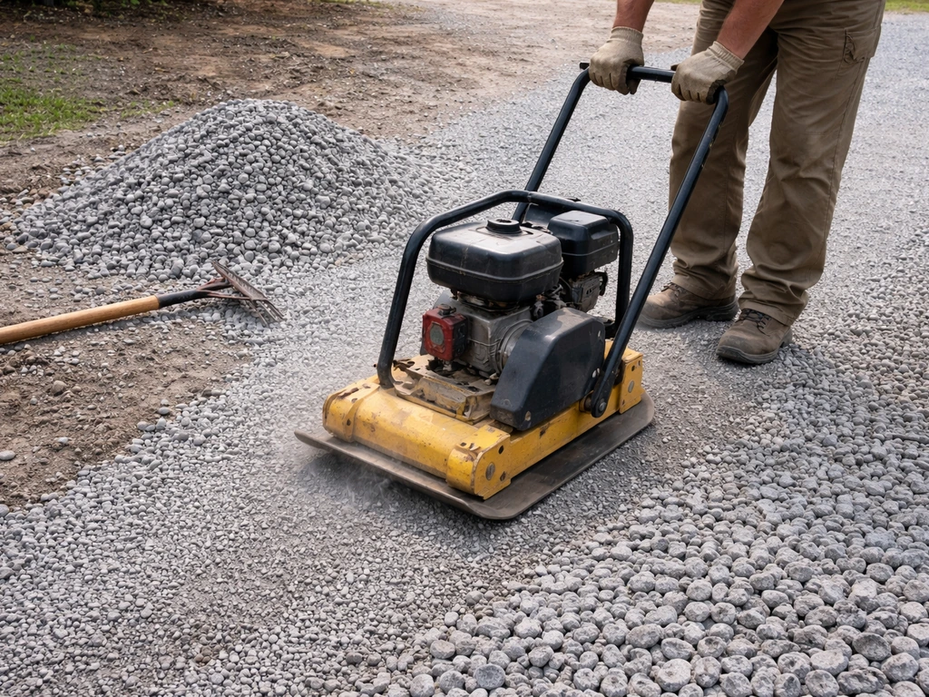 Plate compactor compacting a 3–4 inch gravel lift with fresh gravel beside it